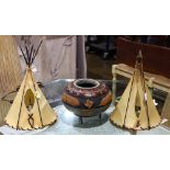 (lot of 3) Pair of Palecek teepee form lamps 15"h, together with a Native American carved gourd,