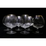 (lot of 6) Moser etched glass brandy snifters in the Royal Pattern, having gilt rims and cross-