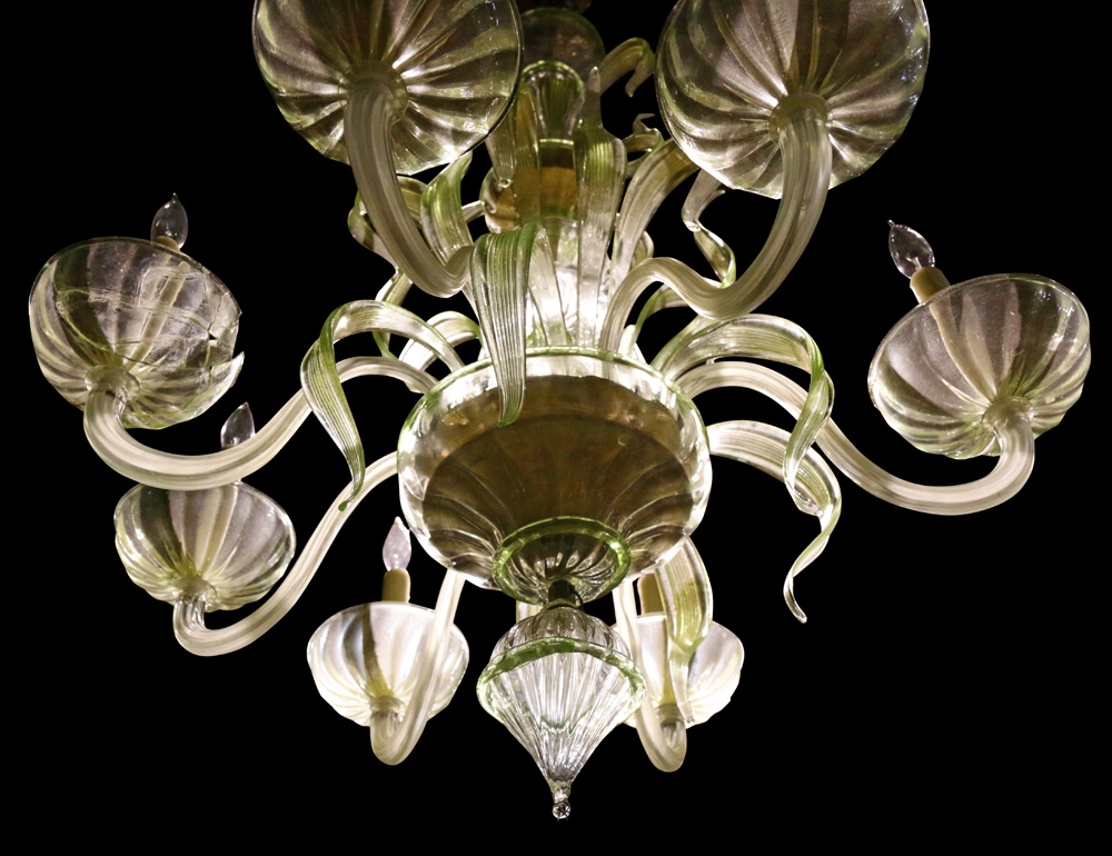 A Murano green to clear art glass chandelier, the seven light fixture with a tiered blown glass - Image 9 of 10