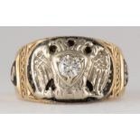 Diamond, enamel, 10k yellow gold Masonic ring Featuring (1) full-cut diamond, weighing approximately