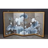 Japanese four-panel folding screen, ink and color on silver foil, with lotus blossoms and a pair