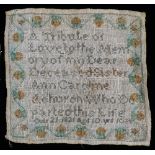 Unframed needpoint sampler, reading "A tribute of Love to the Memory of my dear Deceased Sister