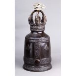 South-east Asian, large cast bronze temple bell, four panel each decorated with flower and foliage