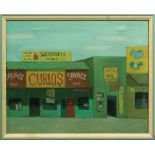 Jill Davenport (American, 20th century), Downtown Shops, oil on canvas, signed lower left,