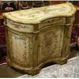 Rococo style polychrome decorated chest, having floral decorated reserves, 34"h x 44"w x 16.5"d