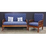(Lot of 3) Asian style hardwood sofa with two armed Chairs, sofa size: 55.25"w x 33"h x 26.75"l