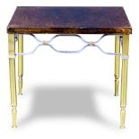 Moderne occasional table, having a square top above a chrome and brass frame, 17"h x 20"dia.