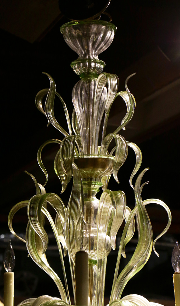 A Murano green to clear art glass chandelier, the seven light fixture with a tiered blown glass - Image 3 of 10