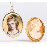 (Lot of 2) Shell cameo, enamel, yellow gold-filled locket-pendant-brooch-necklace Including 1) shell