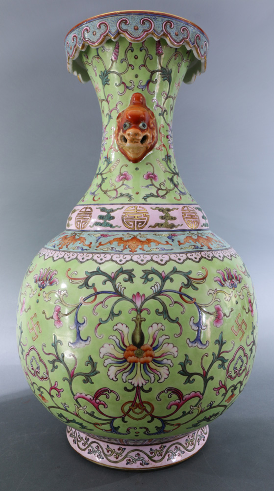 A Chinese Large turquoise ground enamelled vase, painted with peony flows, bats and foliage scrolls, - Image 2 of 7