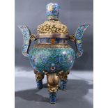 A large Chinese Cloisonn‚ Tripod Censer, each foot decorated with molded gilt dragon head, 28"h