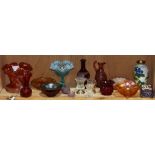 One shelf with Depression and Victorian pressed glass, a Bohemian decanter, a cloisonne vase and