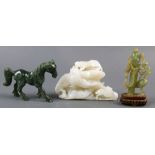 (Lot of 3) A group of three hardstone carvings, first is a beauty and crane, second a spinach jade