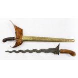 (lot of 2) Indonesian kris daggers, the first blade: 14"l, overall: 18"l, the second with sheath: