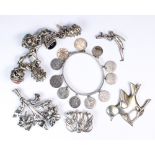 (Lot of 6) Multi-stone, glass, sterling silver, silver brooches and bracelets Including 1)