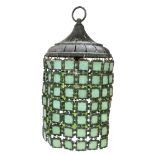 Tiffany Studios New York Chain Mail chandelier, having a dome top above green Favrile glass