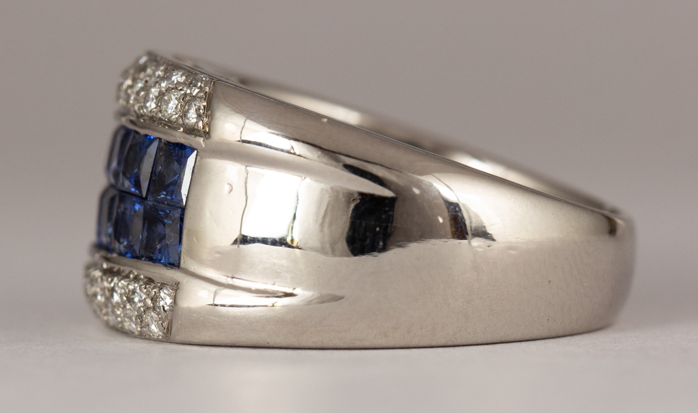Sapphire, diamond, platinum ring Featuring (12) French-cut sapphires, weighing a total of - Image 2 of 5