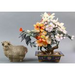 (lot of 2) A Chinese hardstone tree in cloisonn‚ basket, together with a ram, tree size: 11"h