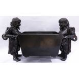 A large Chinese metal-alloy incense burner, of rectangular shape, carried by two foreigners, six-