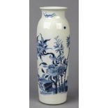 Chinese Blue and white vase, of cylindrical shape, decorated with two birds amid prunus and