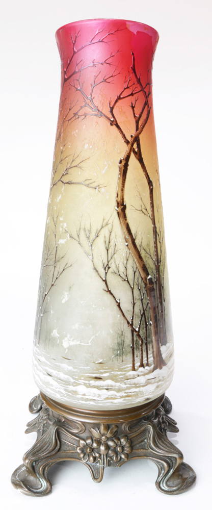 A French Art Nouveau cameo glass vase, executed in four colors, depicting a winter landscape, with