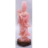 A rose-quartz Chinese figure of a standing lady, size without stand: 11.5"h x 4.5"w, size with