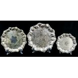 (lot of 3) English Sheffield plate footed salvers in graduated sizes, greatest diameter 13"
