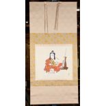 Japanese hanging scroll, depicting "Momotaro"(Peach Boy), ink and colors on silk, lower right with