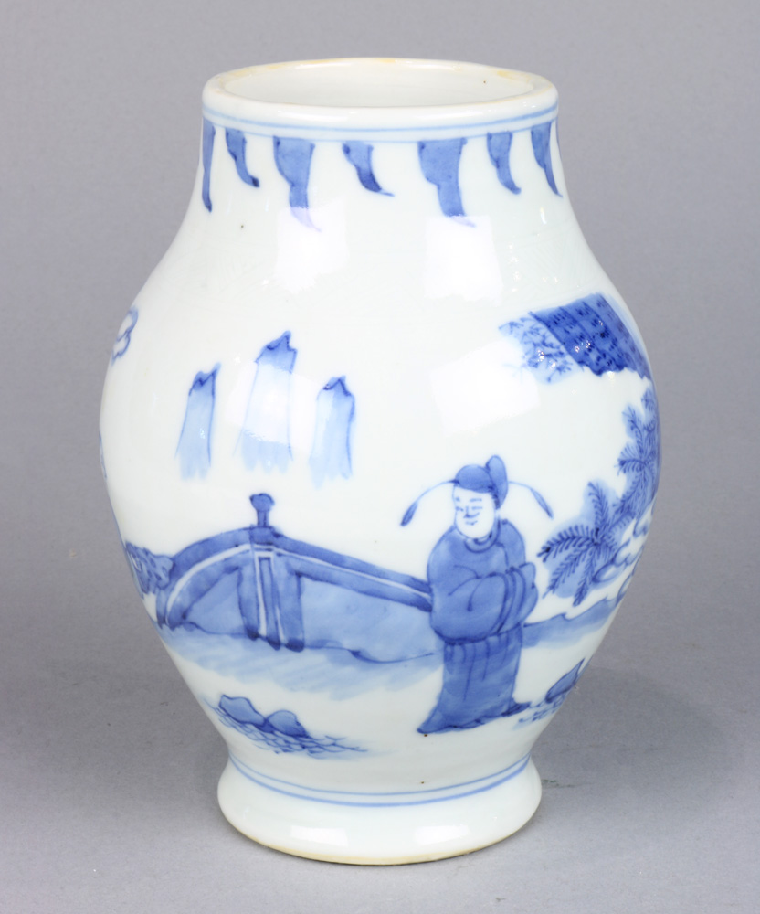 A Chinese blue and white vase, depicting official and attendant among the mountains and bridge, 6. - Image 2 of 6