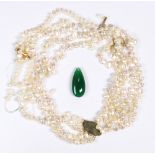 (Lot of 3) Cultured pearl, agate, yellow gold jewelry Including 1) 3-strand Chinese fresh water