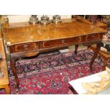 Louis XVI style inlaid bureau plat, having three drawers, 30"h x 54"w x 29"d