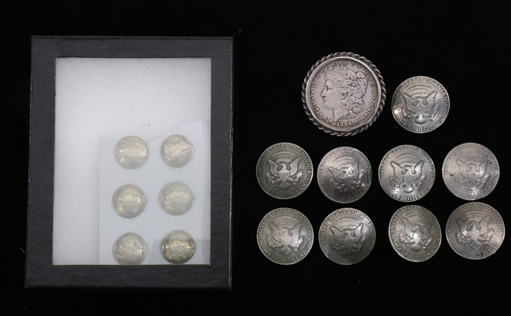 (lot of 16) American silver coin button lot: a 1896 Morgan dollar mounted belt buckle; (6) Mercury