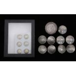 (lot of 16) American silver coin button lot: a 1896 Morgan dollar mounted belt buckle; (6) Mercury