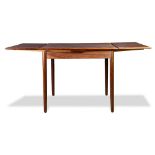 A Danish Modern rosewood card table, having two pull-out leaves and rising on cylindrical legs, 29.