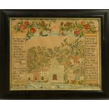 Framed needlework mourning picture, having a floral border, with script reading, " O bury me with