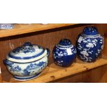 (Lot of 3) Three Chinese lidded blue and white Jars, the largest jar size: 12"w x 9"h