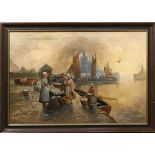 August Baumgartner (German, 1896-1960), Figures at the Fishing Docks, oil on canvas, signed lower