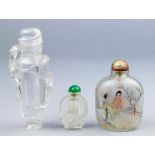 (Lot of 3) Three Chinese snuff bottles, including two carved rock crystal snuff bottles, together