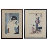 (lot of 2) Japanese woodblock prints: Chobunsai Eishi (1756-1829), depicting geisha with hand drums;