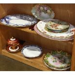 Two shelves of china including (3) Royal Crown Derby platters, a Royal Staffordshire Ellesmere