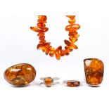 (Lot of 5) Amber, sterling silver, silver jewelry Including 1) tumbled amber bead 20 inch