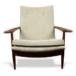 George Nakashima for Widdicomb "Mama" armchair, having original light gray tufted boucle upholstery,