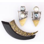 (Lot of 2) Cultured pearl, blue topaz , mokume gane, wood, silver gilt metal jewelry Including 1)