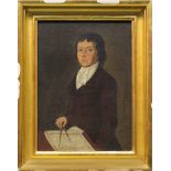 American School (18th/19th century), Portrait of Man with Sextant, oil on board, unsigned,