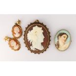(Lot of 3) Shell cameo, painted portrait, 14k, gold-filled, silver jewelry Including 1) shell cameo,