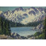 Carl Sammons (American, 1883-1968), "Tee Jay Lake, High Sierra, California," oil on canvas board,