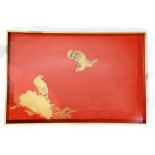 Japanese lacquer tray, vermilion interior with hawks in takamakie, one on a rock by a stream, one in