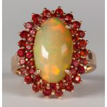 Opal, sapphire, 14k rose gold ring Centering (1) oval opal cabochon, measuring approximately 15.0