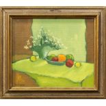 Jill Davenport (American, 20th century), "Yellow Table," oil on canvas, signed lower left, title