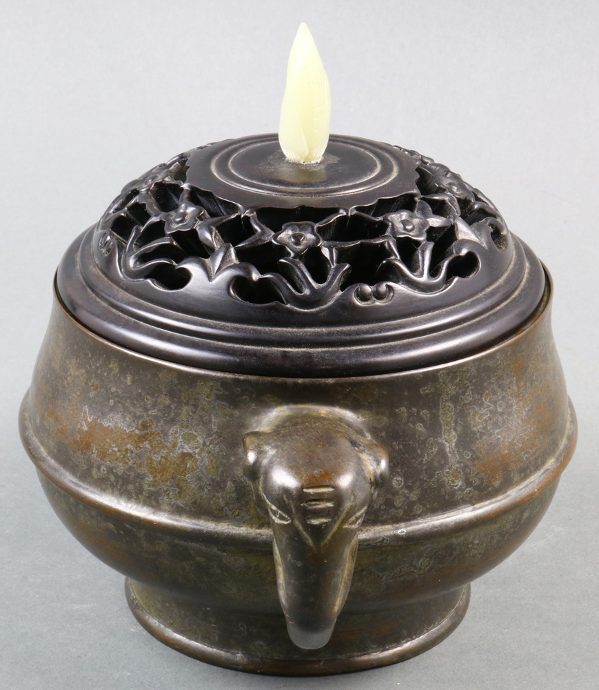 A Chinese Bronze Lidded Censer, of bombe shape and flanked by a pair of elephant handles, a six- - Image 2 of 5